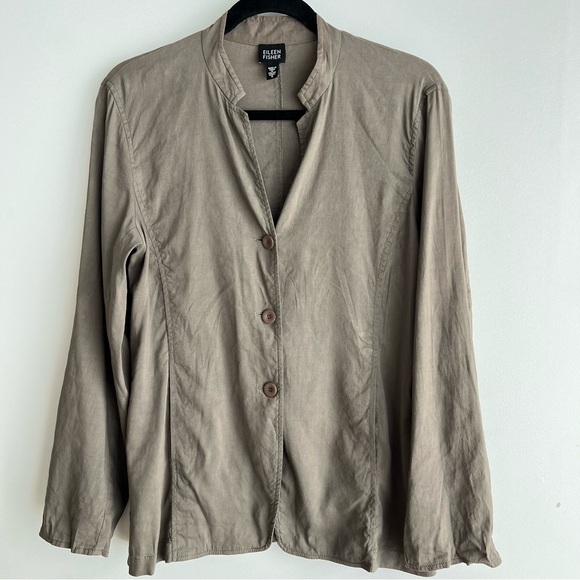 Eileen Fisher Taupe Collarless Button Front Jacket Women’s Small Minimalist Chic - Picture 2 of 14